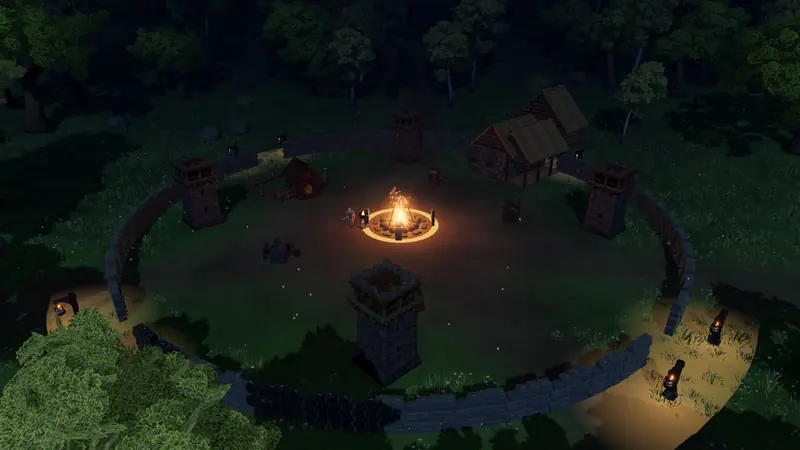 The palisaded camp at night with the campfire burning